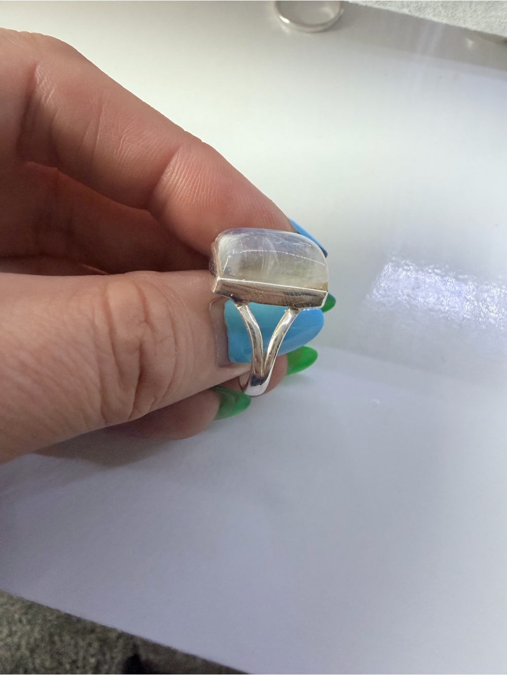 Sterling Silver Moonstone Statement Ring - Iridescent White - Picture 2 of 4
